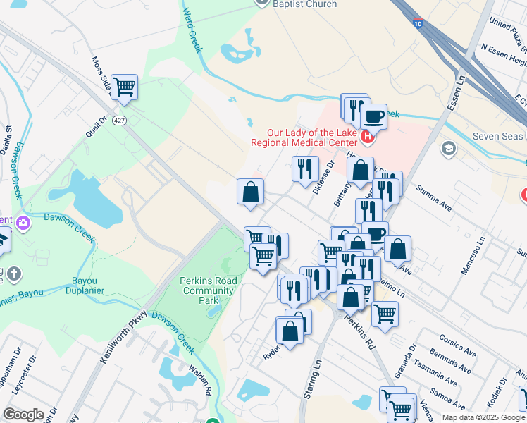 map of restaurants, bars, coffee shops, grocery stores, and more near 7081 Perkins Place Court in Baton Rouge