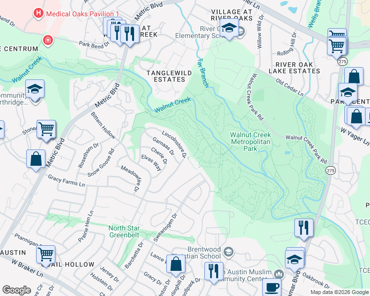 map of restaurants, bars, coffee shops, grocery stores, and more near 12025 Lincolnshire Drive in Austin