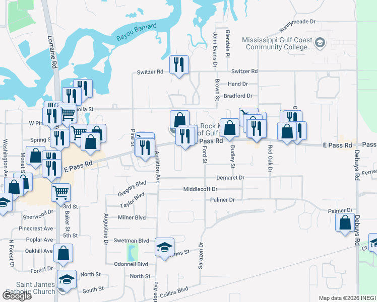 map of restaurants, bars, coffee shops, grocery stores, and more near 1909 East Pass Road in Gulfport