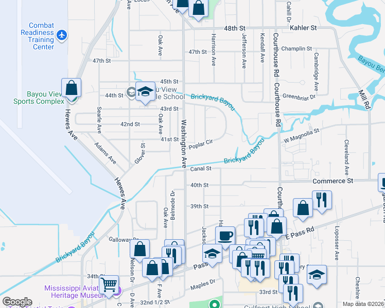 map of restaurants, bars, coffee shops, grocery stores, and more near 4 Poplar Cir in Gulfport