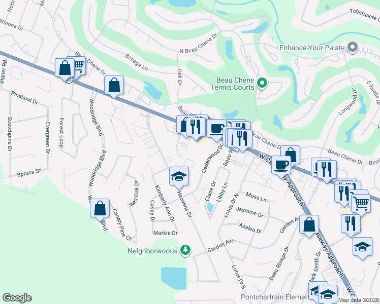 map of restaurants, bars, coffee shops, grocery stores, and more near 103 Parkview Boulevard in Mandeville