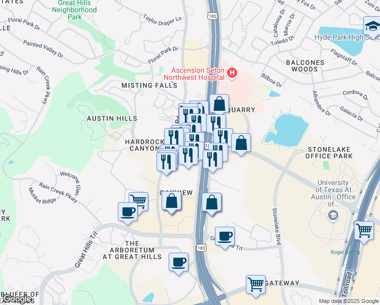 map of restaurants, bars, coffee shops, grocery stores, and more near 4811 West Braker Lane in Austin