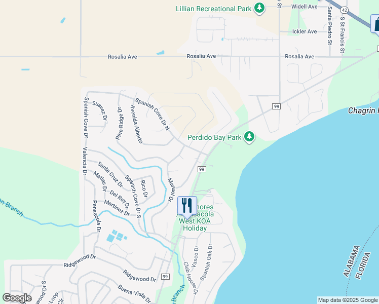 map of restaurants, bars, coffee shops, grocery stores, and more near 2738 Spanish Cove Drive North in Lillian