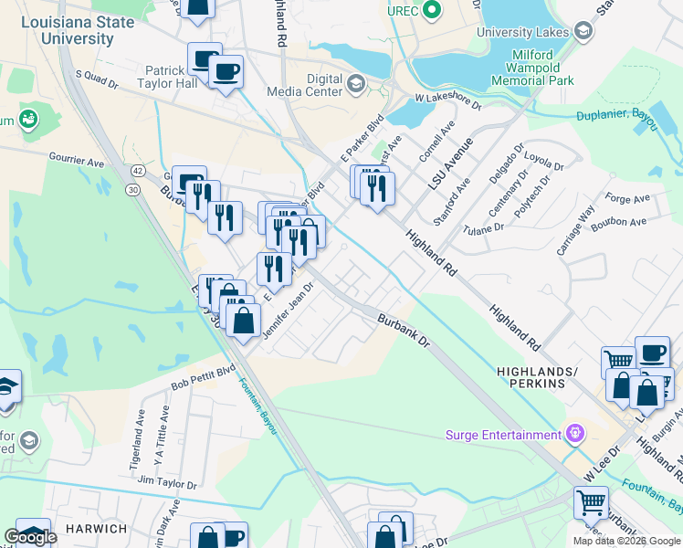 map of restaurants, bars, coffee shops, grocery stores, and more near 389 Jennifer Jean Drive in Baton Rouge