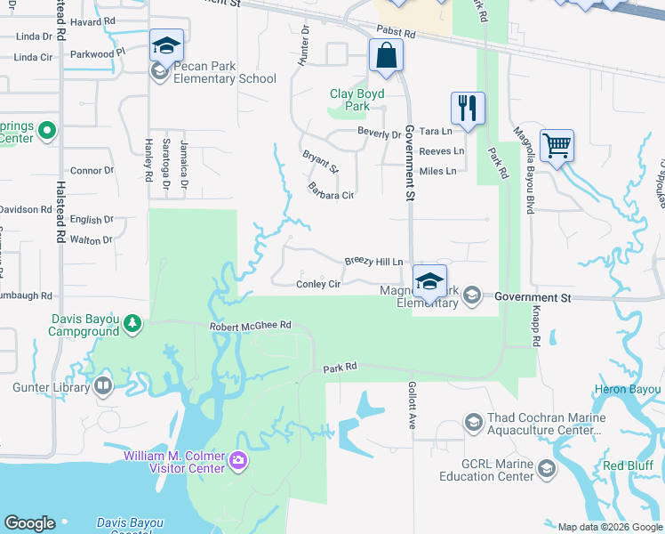 map of restaurants, bars, coffee shops, grocery stores, and more near 4000 Breezy Hill Lane in Ocean Springs