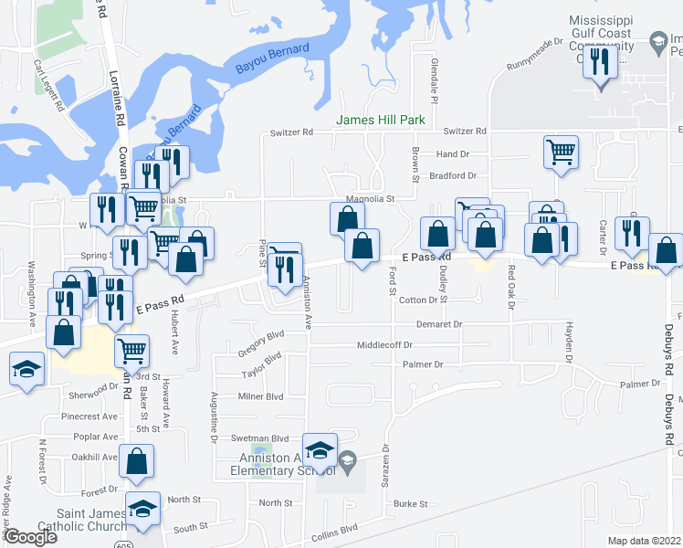 map of restaurants, bars, coffee shops, grocery stores, and more near 1344 Tropical Cove in Gulfport