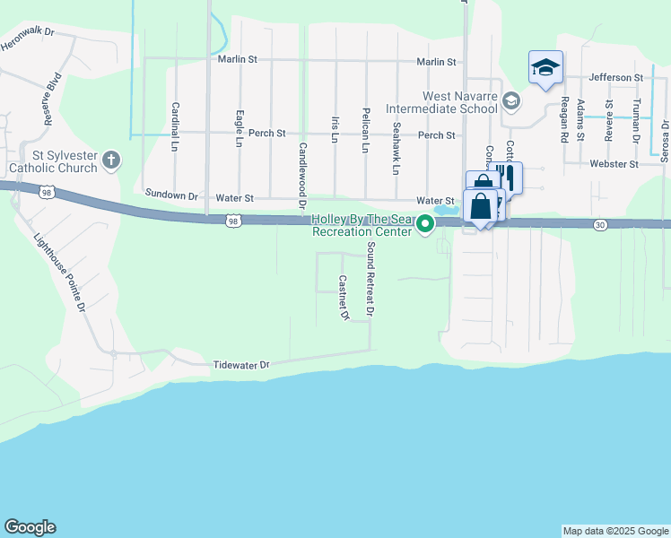 map of restaurants, bars, coffee shops, grocery stores, and more near 1431 Castnet Drive in Navarre