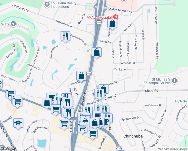 map of restaurants, bars, coffee shops, grocery stores, and more near 829 Asbury Drive in Mandeville