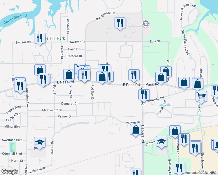 map of restaurants, bars, coffee shops, grocery stores, and more near 2181 East Pass Road in Gulfport