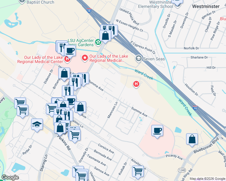 map of restaurants, bars, coffee shops, grocery stores, and more near 8060 Pennth Avenue in Baton Rouge