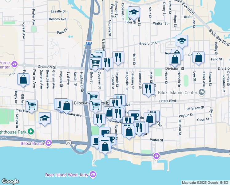 map of restaurants, bars, coffee shops, grocery stores, and more near 230 Reynoir Street in Biloxi