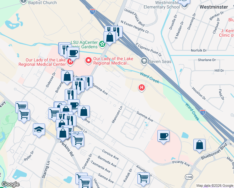 map of restaurants, bars, coffee shops, grocery stores, and more near 8061 Pennth Avenue in Baton Rouge