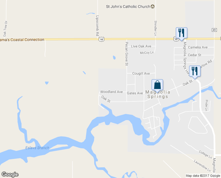 map of restaurants, bars, coffee shops, grocery stores, and more near 14093 Woodland Avenue in Magnolia Springs
