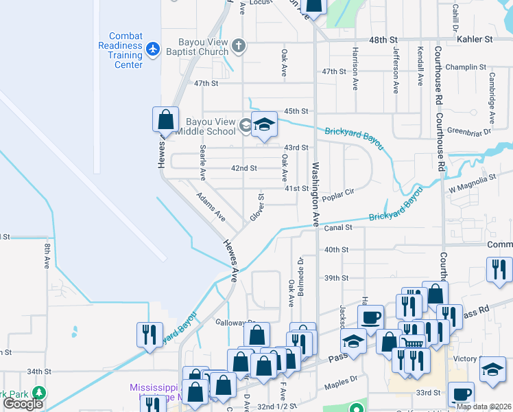 map of restaurants, bars, coffee shops, grocery stores, and more near 4003 Glover Street in Gulfport