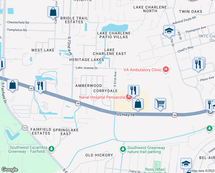 map of restaurants, bars, coffee shops, grocery stores, and more near 545 South 61st Avenue in Pensacola
