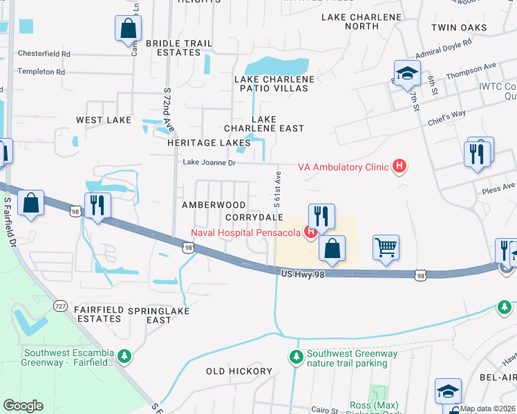 map of restaurants, bars, coffee shops, grocery stores, and more near 545 South 61st Avenue in Pensacola