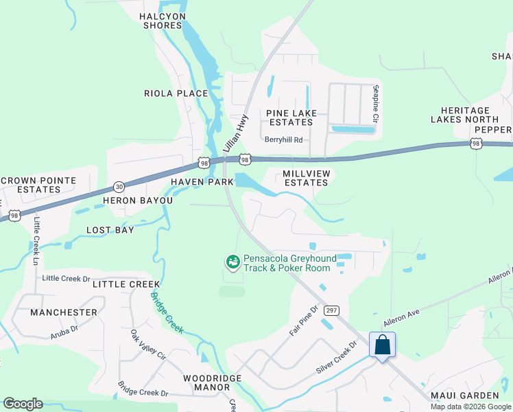 map of restaurants, bars, coffee shops, grocery stores, and more near 833 Oak Alley in Pensacola