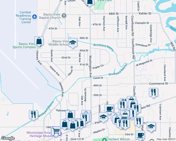 map of restaurants, bars, coffee shops, grocery stores, and more near 4010 Oak Avenue in Gulfport