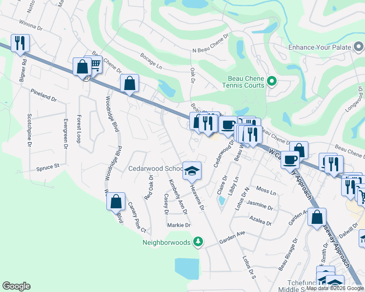 map of restaurants, bars, coffee shops, grocery stores, and more near 721 Heavens Drive in Mandeville