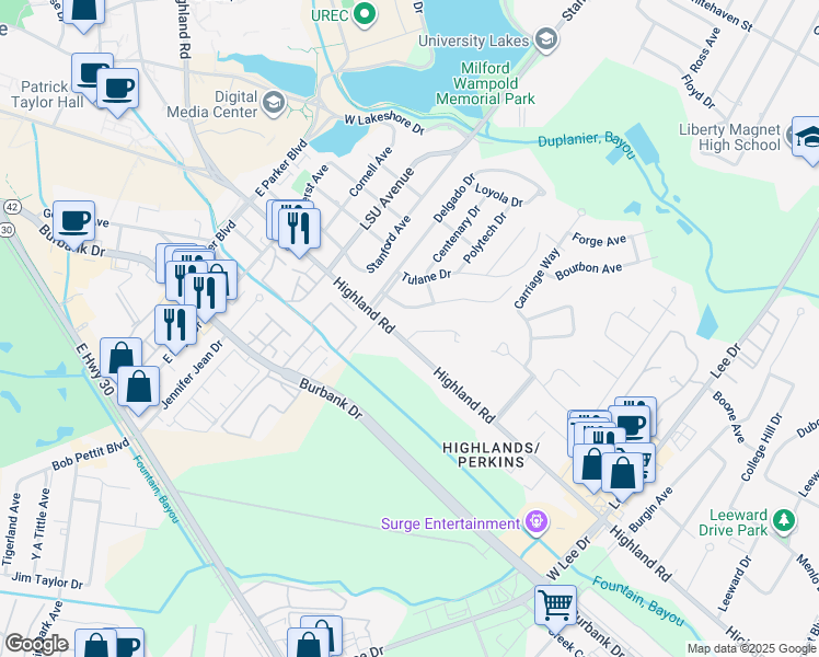 map of restaurants, bars, coffee shops, grocery stores, and more near 129 Clara Drive in Baton Rouge