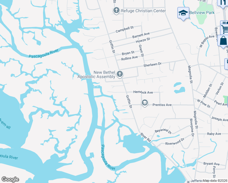 map of restaurants, bars, coffee shops, grocery stores, and more near 3407 Hemlock Avenue in Moss Point