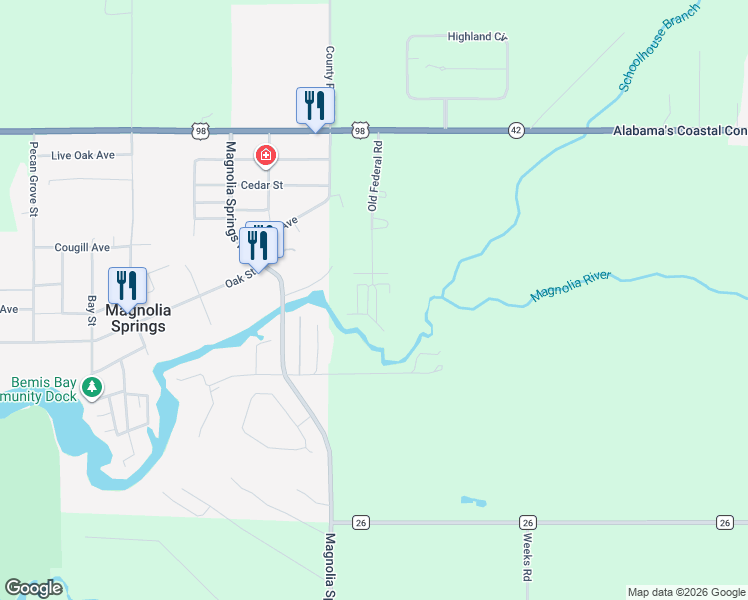 map of restaurants, bars, coffee shops, grocery stores, and more near Old Federal Road in Magnolia Springs