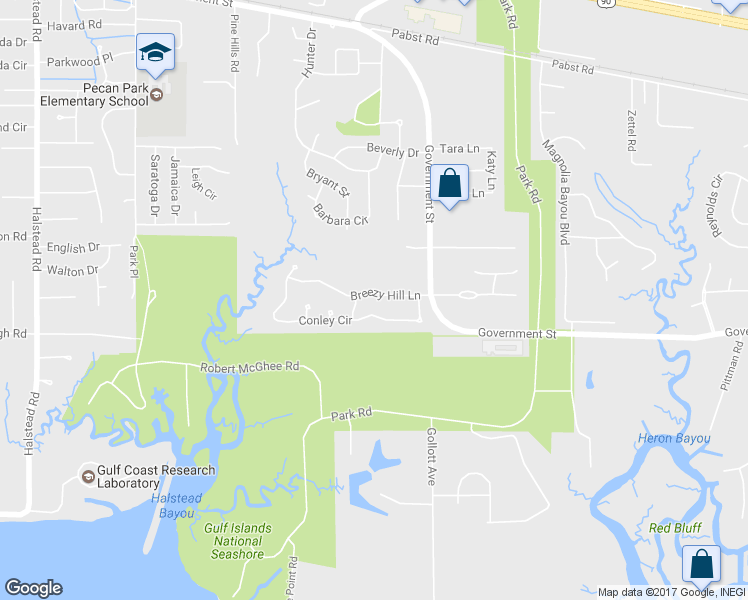 map of restaurants, bars, coffee shops, grocery stores, and more near 3116 Breezy Hill Lane in Ocean Springs