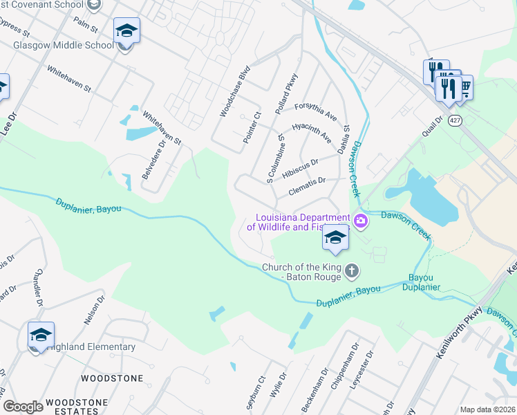 map of restaurants, bars, coffee shops, grocery stores, and more near 5722 South Pollard Parkway in Baton Rouge