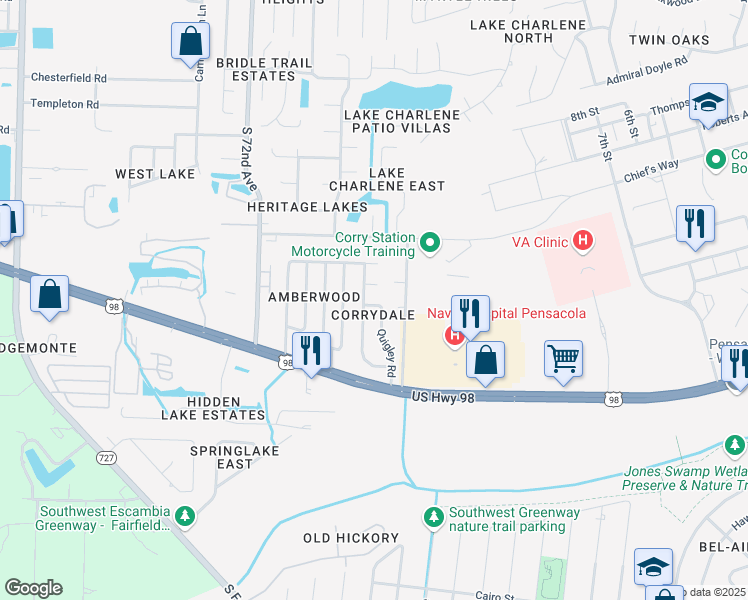 map of restaurants, bars, coffee shops, grocery stores, and more near 326 Quigley Road in Pensacola