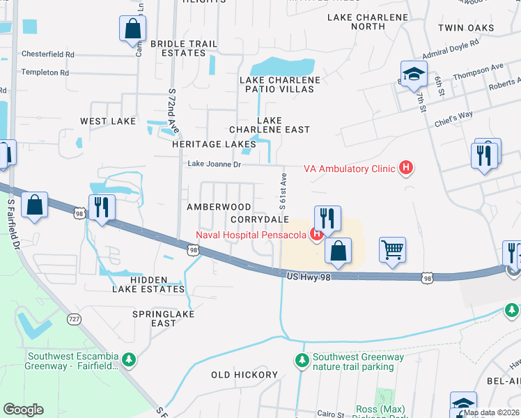 map of restaurants, bars, coffee shops, grocery stores, and more near 335 Corrydale Drive in Pensacola
