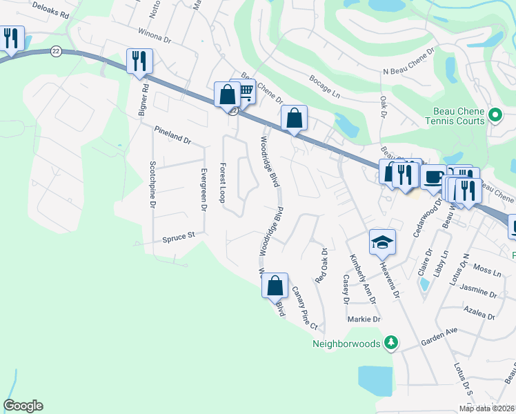 map of restaurants, bars, coffee shops, grocery stores, and more near 308 Live Oak Court in Mandeville