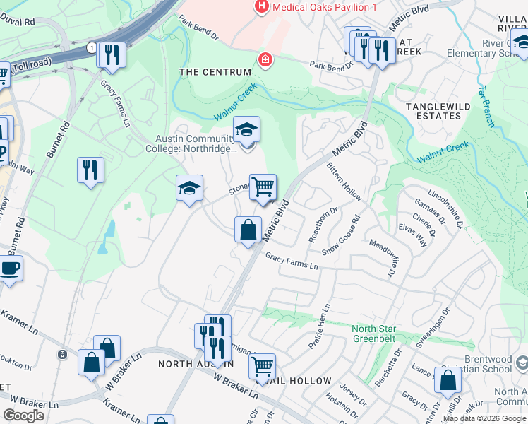 map of restaurants, bars, coffee shops, grocery stores, and more near 11900 Metric Boulevard in Austin