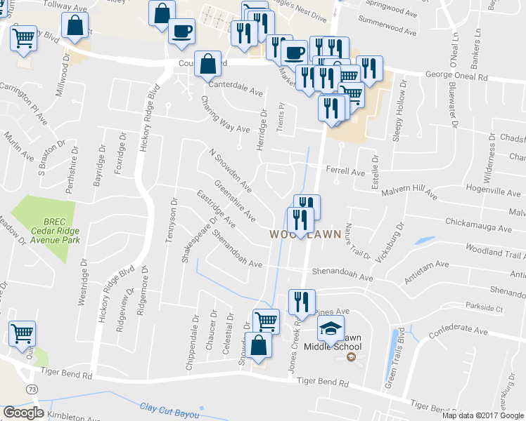 map of restaurants, bars, coffee shops, grocery stores, and more near 5738 North Snowden Avenue in Baton Rouge