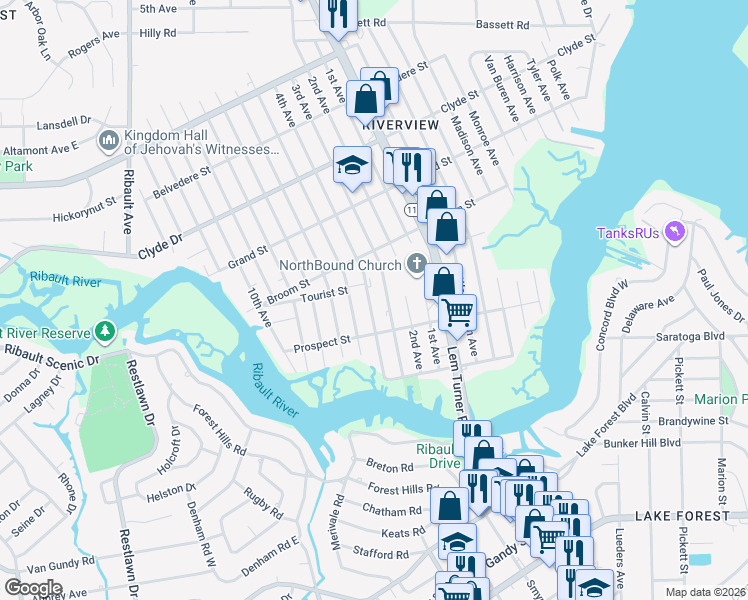 map of restaurants, bars, coffee shops, grocery stores, and more near 8755 4th Avenue in Jacksonville