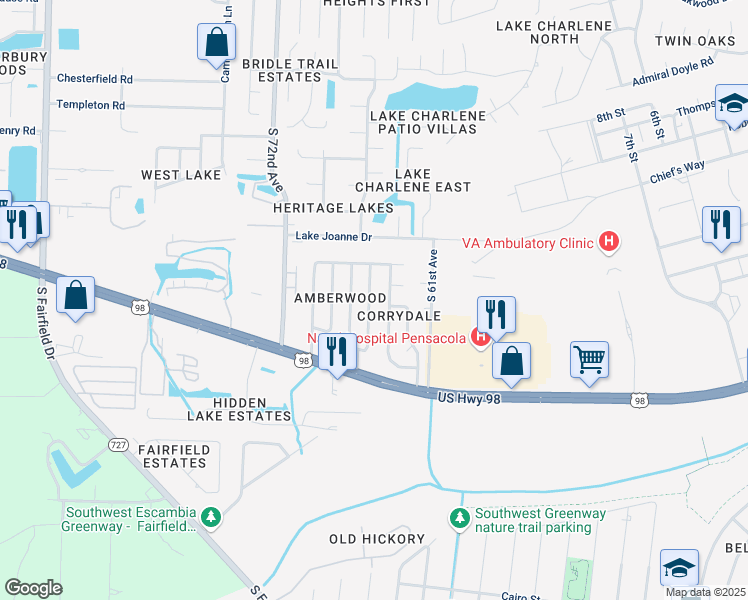 map of restaurants, bars, coffee shops, grocery stores, and more near 848 Amberwood Drive in Pensacola