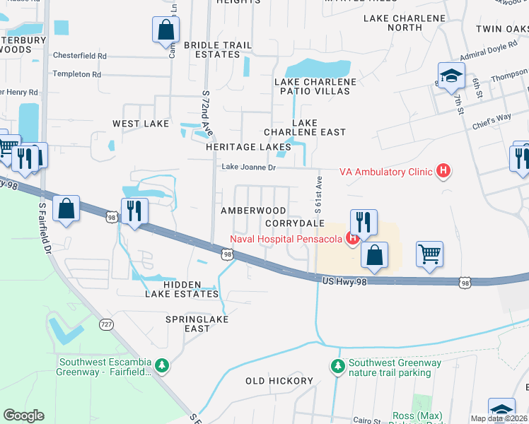 map of restaurants, bars, coffee shops, grocery stores, and more near 850 Amberway Drive in Pensacola