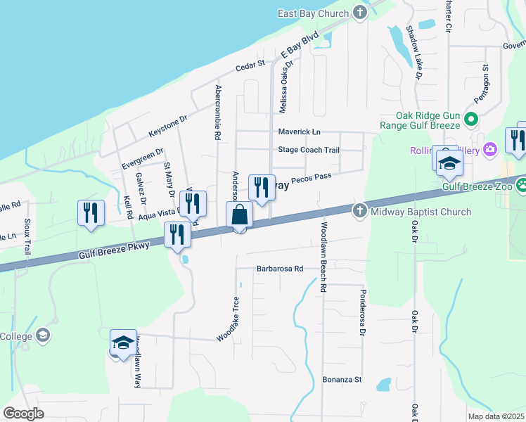 map of restaurants, bars, coffee shops, grocery stores, and more near 5342 Gulf Breeze Parkway in Gulf Breeze