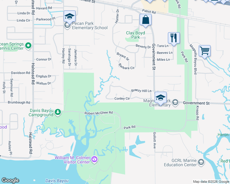 map of restaurants, bars, coffee shops, grocery stores, and more near 1004 Harbor Cove in Ocean Springs