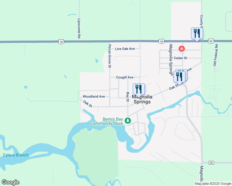 map of restaurants, bars, coffee shops, grocery stores, and more near 12085 Twin Oaks Drive in Magnolia Springs