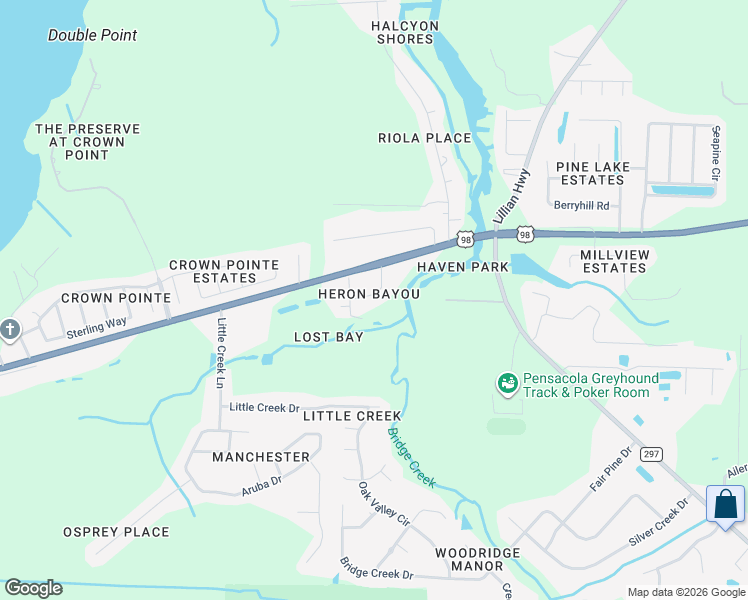 map of restaurants, bars, coffee shops, grocery stores, and more near 662 Wild Heron Way in Pensacola