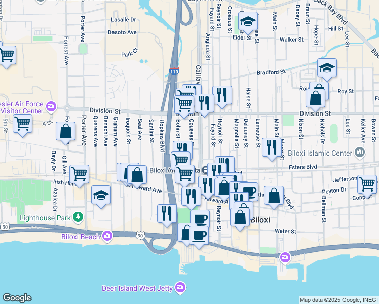 map of restaurants, bars, coffee shops, grocery stores, and more near 231 Couevas Street in Biloxi