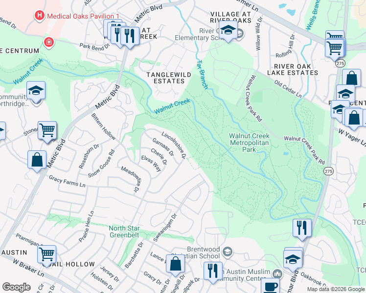 map of restaurants, bars, coffee shops, grocery stores, and more near 12025 Lincolnshire Drive in Austin