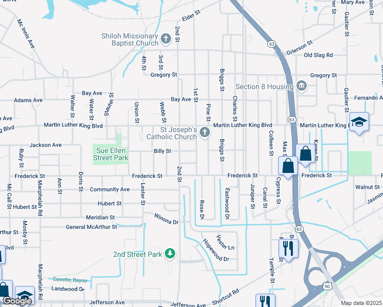 map of restaurants, bars, coffee shops, grocery stores, and more near 5518 Billy Street in Moss Point
