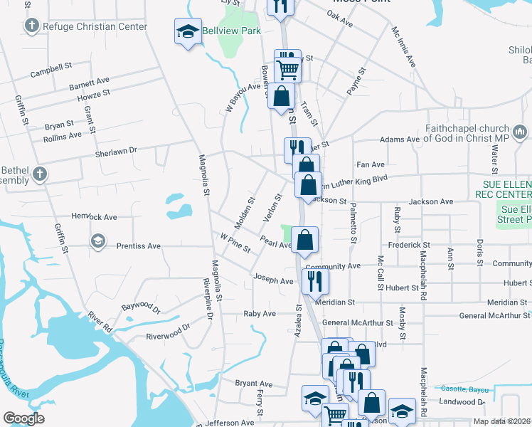 map of restaurants, bars, coffee shops, grocery stores, and more near 4107 Verlon Street in Moss Point