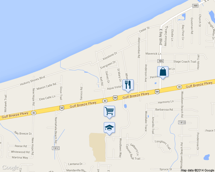 map of restaurants, bars, coffee shops, grocery stores, and more near 1743 Galvez Drive in Gulf Breeze