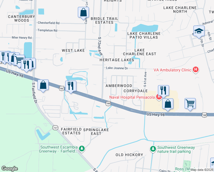 map of restaurants, bars, coffee shops, grocery stores, and more near 710 South 72nd Avenue in Pensacola