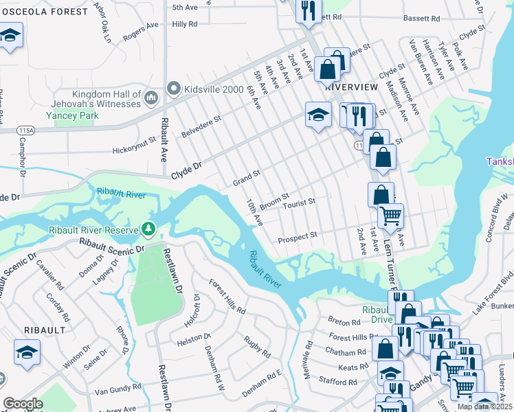 map of restaurants, bars, coffee shops, grocery stores, and more near 8904 9th Avenue in Jacksonville