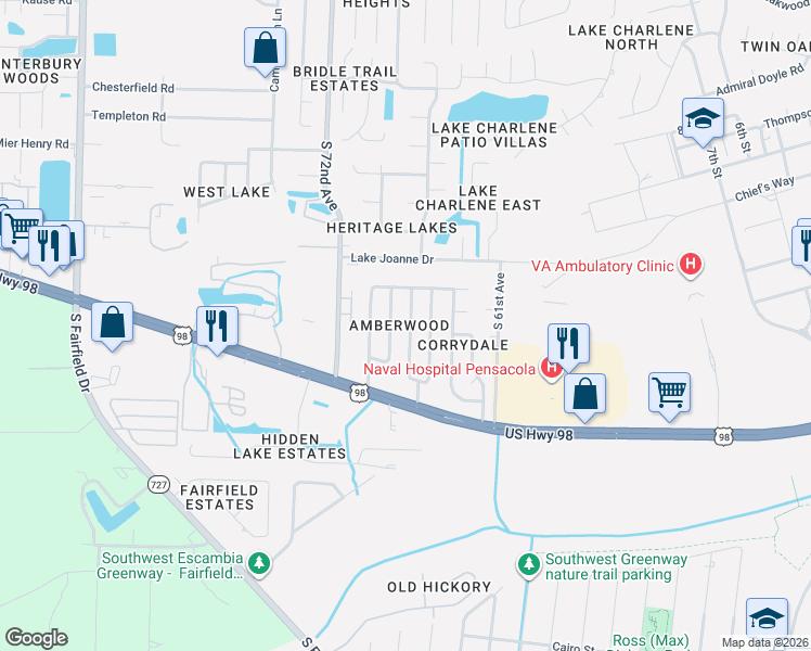 map of restaurants, bars, coffee shops, grocery stores, and more near 850 Amberway Drive in Pensacola