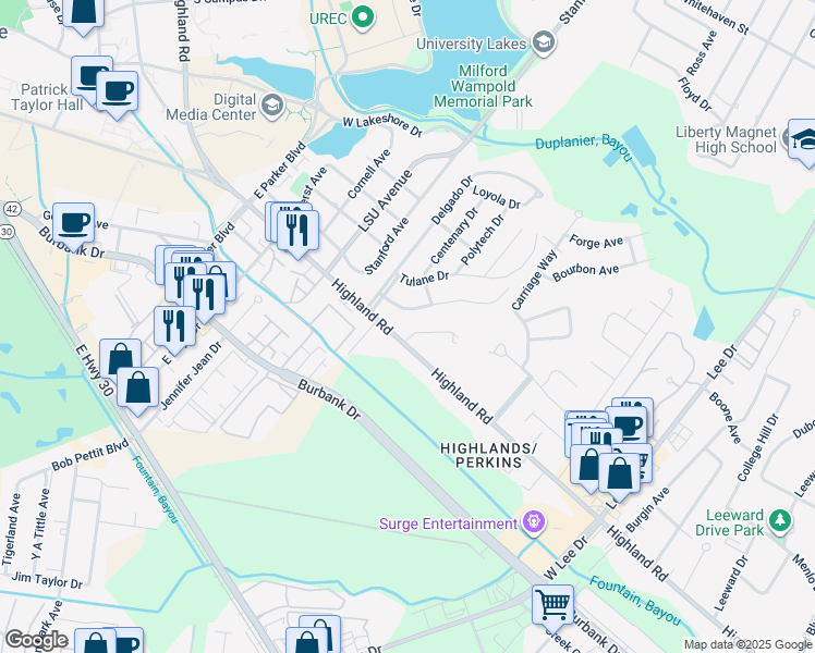 map of restaurants, bars, coffee shops, grocery stores, and more near 129 Clara Drive in Baton Rouge