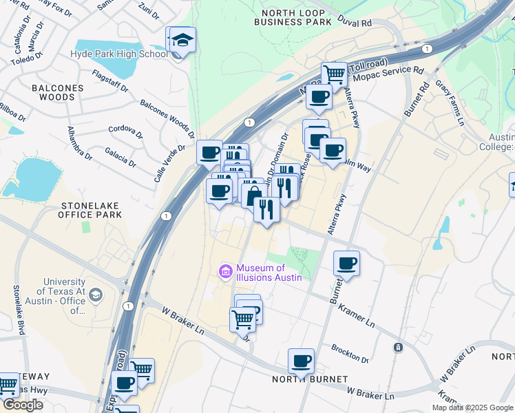 map of restaurants, bars, coffee shops, grocery stores, and more near 11410 Century Oaks Terrace in Austin